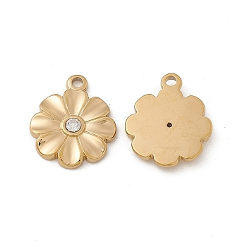 Vacuum Plating 201 Stainless Steel Pendants, with Glass, Flower Charms, Real 18K Gold Plated, Clear, 18x15x2.5mm, Hole: 2mm