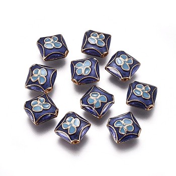 Alloy Enamel Beads, Rhombus with Flower, Golden, Blue, 11.5x12x5mm, Hole: 1.2mm, Side Length: 10mm