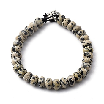 Natural Dalmatian Jasper Beaded Bracelets, with Cowhide Leather Cord, 201 Stainless Steel Round Beads and Starfish Alloy Beads, 7-3/4 inch(19.6cm)