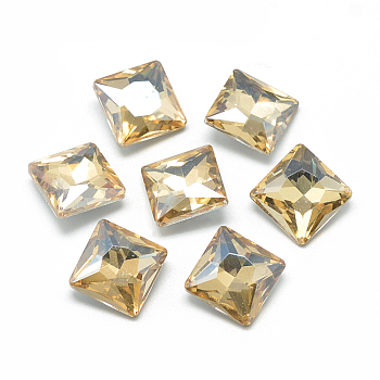 Pointed Back Glass Rhinestone Cabochons, Back Plated, Faceted, Square, Pale Goldenrod, 8x8x3.5mm
