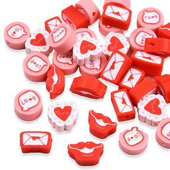 Handmade Polymer Clay Beads, Flat Round with Word Love & Heart, Mouth and Letter, Red, 5.5~9.5x9~11x4~5mm, Hole: 1.6mm