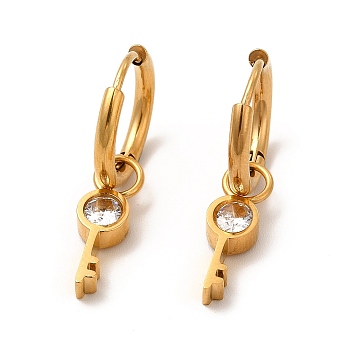 Crystal Rhinestone Skeleton Key Dangle Hoop Earrings, Vacuum Plating 304 Stainless Steel Jewelry for Women, Golden, 27mm, Pin: 0.9mm
