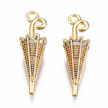 Brass Micro Pave Clear Cubic Zirconia Pendants, Nickel Free, 3D Umbrella, Real 18K Gold Plated, 19x6x5.5mm, Hole: 1.5mm