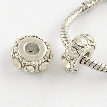 Flat Round Antique Silver Plated Alloy Rhinestone European Beads, Large Hole Beads, Crystal, 14~15x6~7mm, Hole: 5mm