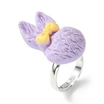 Bunny Resin Finger Ring, Silver Brass Adjustable Ring, Lilac, Inner Diameter: 14.5mm