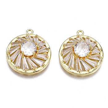 Brass Clear Cubic Zirconia Pendants, Flat Round with Sun, Golden, 18.5x16.5x7mm, Hole: 1.2mm