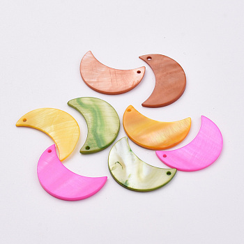 Plated Freshwater Shell Pendants,  Dyed, Moon, Mixed Color, 30x20x2mm, Hole: 1mm