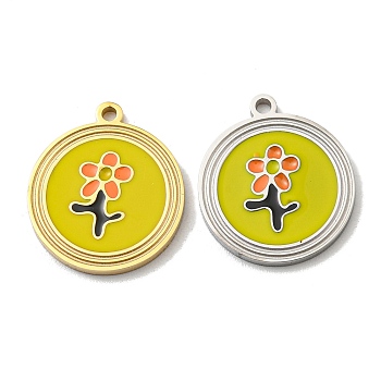 304 Stainless Steel Pendants, with Enamel, Flat Round with Flower Charm, Real 14K Gold Plated, 16x14x1.5mm, Hole: 1.2mm