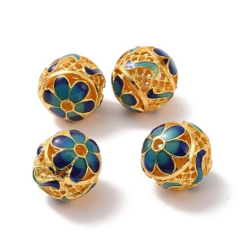 Hollow Alloy Beads, with Enamel, Round with Flower, Matte Gold Color, Teal, 14mm, Hole: 2mm