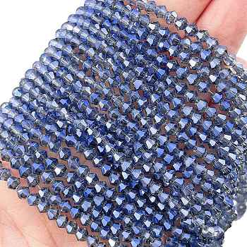 Transparent Electroplate Glass Beads Strands, Full Rainbow Plated, Faceted, Bicone, Royal Blue, 3.5~3.8x3.2mm, Hole: 0.8mm, about 113~115pcs/strand, 14.17~14.37 inch(36~36.5cm)