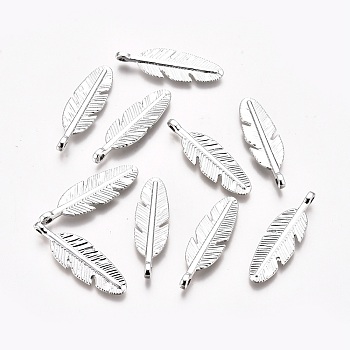 Tibetan Style Alloy Pendants, Feather, Silver Color Plated, 29.5x9x2mm, Hole: 1.6mm