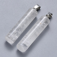 Natural Quartz Crystal Pendants, Rock Crystal Pendants, with Platinum Tone Iron Pinch Bail, Column, 43~46x10mm, Hole: 4x7mm(G-R456-13)