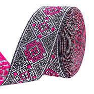 Ethnic Style Embroidery Polyester Ribbon, Garment Accessories, Floral Pattern, Hot Pink, 33mm(SRIB-WH0007-02A)