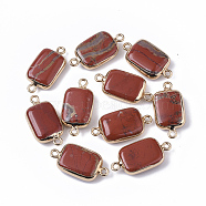 Edge Golden Plated Natural Red Jasper Links connectors, with Golden Tone Iron Loops, Rectangle, 26~27x13.5x6~7mm, Hole: 1.6~1.8mm(G-S359-034B)