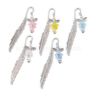Acrylic Flower Angel Bookmark with Imitation Pearl, Tibetan Style Alloy Feather Bookmarks, Mixed Color, 115mm(AJEW-JK00225)