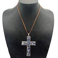 Eco-friendly Zinc Alloy & Natural Chip Blue Spot Jasper Handmade Cross Pendant Cord Necklaces for Women Men, Platinum, (RL5831-3)