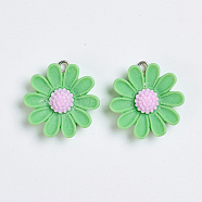 Resin Pendants, with Platinum Plated Iron Findings, Flower, Lime Green, 26.5x25x6.5mm, Hole: 2mm(RESI-TAC0002-29D)