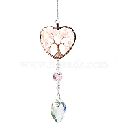 Big Pendant Decorations, Hanging Sun Catchers, with Rose Quartz Beads and K9 Crystal Glass, Heart with Tree of Life, 355mm(HJEW-SZ0001-32E)