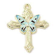 Light Gold Plated Alloy Enamel Pendants, Cross with Butterfly Charm, Light Blue, 30x24x2mm, Hole: 1.6mm(ENAM-L041-04A)