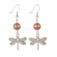 Round Natural Mashan Jade with Alloy Dragonfly Dangle Earrings, Brass Earrings for Women, Brown, 50mm, Pin: 0.6mm(EJEW-JE04855-01)