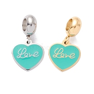 304 Stainless Steel European Dangle Charms, Large Hole Pendants, with Enamel, Golden & Stainless Steel Color, Heart & Word Love, Turquoise, 21mm, Hole: 4.5mm(STAS-I192-12-01)
