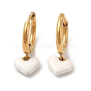 White Enamel Heart Dangle Hoop Earrings, Vacuum Plating 304 Stainless Steel Jewelry for Women, Golden, 21mm, Pin: 0.9mm(EJEW-P219-07G)