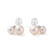 925 Sterling Silver Studs Earring, with Cubic Zirconia and Natural Pearl, Platinum, 12.5x6.5mm(EJEW-H002-18P)