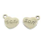 Mother's Day Theme, Tibetan Style Alloy Family Charms, Heart with Word Son, Cadmium Free & Lead Free, Antique Silver, 13x15x3mm, Hole: 3mm(TIBEP-5409-AS-LF)