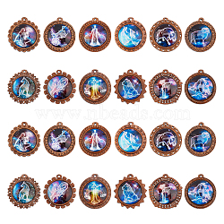 Glass Pendants, with Wooden Cabochon Settings, Half Round with 12 Constellations Pattern, Mixed Color, 44x43x11mm, Hole: 3mm, 1pc/constellation, 12 constellation, 12pcs/set(WOOD-NB0001-63B)
