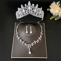 Teardrop Alloy Rhinestone Pendant Necklaces & Stud Dangle Earrings & Crown Hair Band Sets, Crystal, 450mm(FS-WGFDFEC-01)