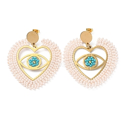Heart with Eye Woven Glass & Brass Beaded Dangle Stud Earrings, with Vacuum Plating 304 Stainless Steel Pins, Linen, 57x52mm(EJEW-A105-04G-01)