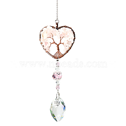 Big Pendant Decorations, Hanging Sun Catchers, with Rose Quartz Beads and K9 Crystal Glass, Heart with Tree of Life, 355mm(HJEW-SZ0001-32E)