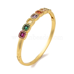 Brass Pave Colorful Cubic Zirconia Hinged Bangles for Women, Real 18K Gold Plated, Square, Inner Diameter: 2-1/4 inch(5.8cm), 7mm(BJEW-S147-33G-A)