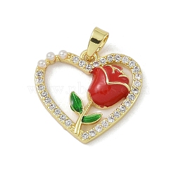 Rack Plating Brass Pendant, with Enamel & Cubic Zirconia, Lead Free & Cadmium Free, Long-Lasting Plated, Heart & Flower, Crimson, 17x18x4mm, Hole: 5x3mm(KK-H476-08G-01)