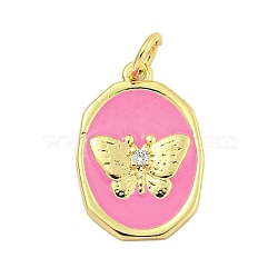 Rack Plating Brass Enamel Pendants, with Jump Ring, Cadmium Free & Lead Free, Long-Lasting Plated, Real 18K Gold Plated, Oval with Butterfly Charm, Pearl Pink, 18x12x2.5mm, Hole: 3mm(KK-U021-17B-G)