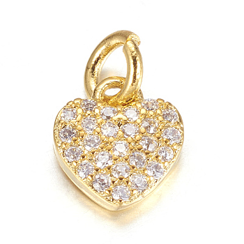 Brass Micro Pave Cubic Zirconia Charms, Heart, Golden, 9x8x2mm, Hole: 3mm