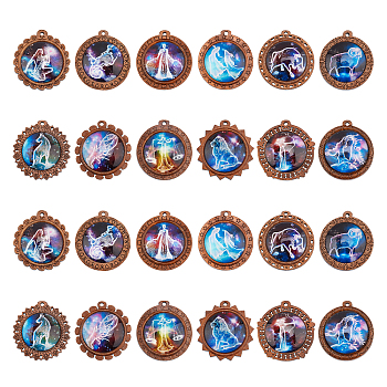 Glass Pendants, with Wooden Cabochon Settings, Half Round with 12 Constellations Pattern, Mixed Color, 44x43x11mm, Hole: 3mm, 1pc/constellation, 12 constellation, 12pcs/set