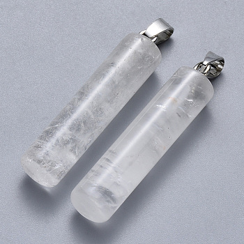 Natural Quartz Crystal Pendants, Rock Crystal Pendants, with Platinum Tone Iron Pinch Bail, Column, 43~46x10mm, Hole: 4x7mm