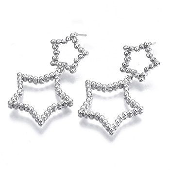 Brass Dangle Stud Earring, with Stainless Steel Pins, Nickel Free, Star, Real Platinum Plated, 39x24mm, Pin: 0.7mm