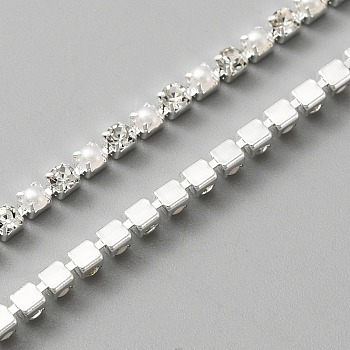 Alloy Rhinestone Cup Chains, with Imitation Pearl Link, Silver, 2x2x2.5mm, 10m/bag