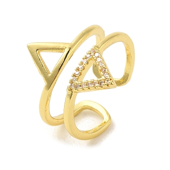 Triangle Brass Micro Pave Clear Cubic Zirconia Cuff Rings for Women, Real 18K Gold Plated, Adjustable