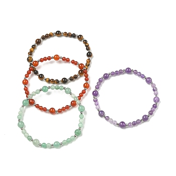 4Pcs 4 Style Natural Mixed Gemstone Round Beaded Stretch Bracelets Set, Inner Diameter: 2-3/8 inch(6cm), 1Pc/style