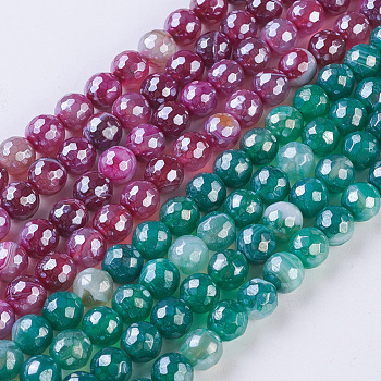 Natural Striped Agate/Banded Agate Beads Strands, Pearl Luster Plated, Faceted, Round, Mixed Color, 8mm, Hole: 1.2mm, about 48~49pcs/strand, 15.1 inch~15.5 inch(38.5~39.5cm)