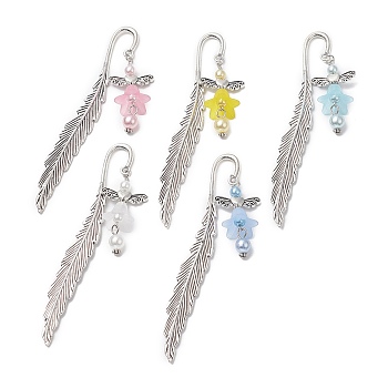 Acrylic Flower Angel Bookmark with Imitation Pearl, Tibetan Style Alloy Feather Bookmarks, Mixed Color, 115mm