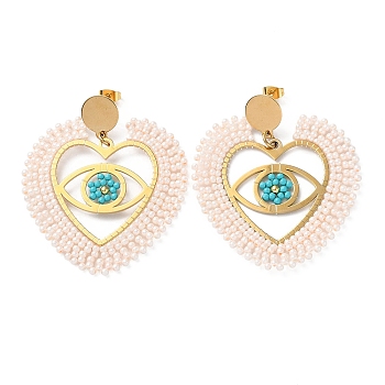 Heart with Eye Woven Glass & Brass Beaded Dangle Stud Earrings, with Vacuum Plating 304 Stainless Steel Pins, Linen, 57x52mm