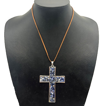 Eco-friendly Zinc Alloy & Natural Chip Blue Spot Jasper Handmade Cross Pendant Cord Necklaces for Women Men, Platinum, 