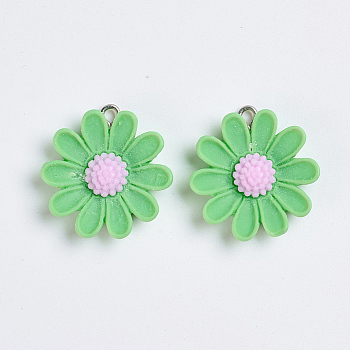 Resin Pendants, with Platinum Plated Iron Findings, Flower, Lime Green, 26.5x25x6.5mm, Hole: 2mm