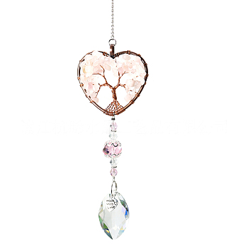 Big Pendant Decorations, Hanging Sun Catchers, with Rose Quartz Beads and K9 Crystal Glass, Heart with Tree of Life, 355mm