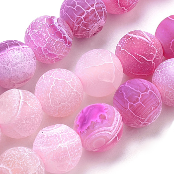 Natural Weathered Agate Beads Strands, Frosted, Dyed, Round, Magenta, 8mm, Hole: 1mm, about 47pcs/strand, 15.7 inch