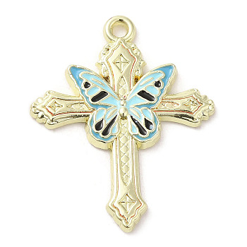 Light Gold Plated Alloy Enamel Pendants, Cross with Butterfly Charm, Light Blue, 30x24x2mm, Hole: 1.6mm